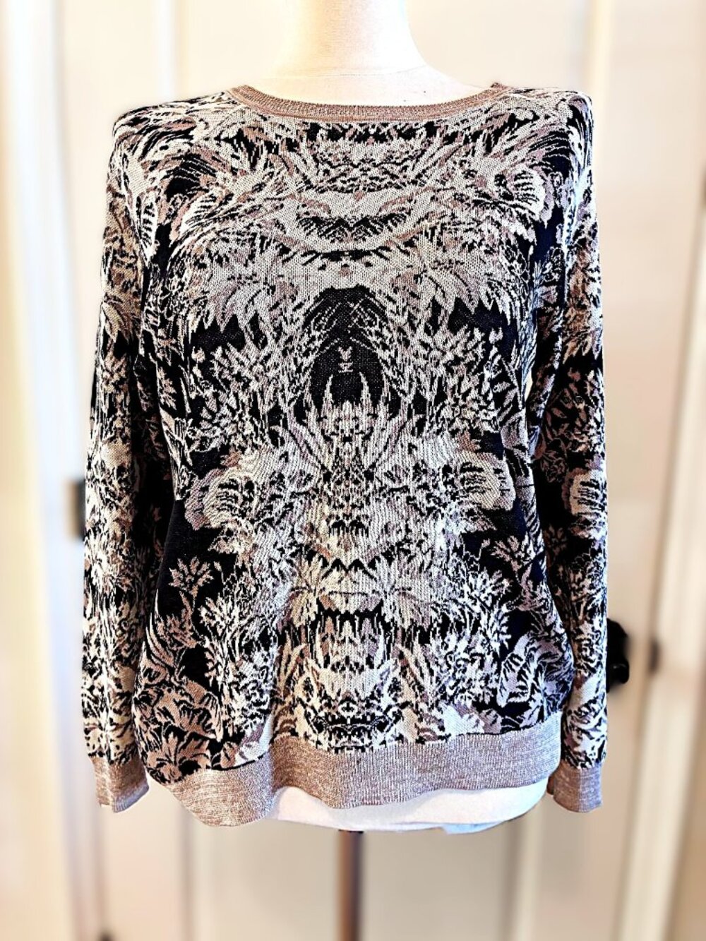 BCBG Parker Sweater, Taupe Brown & Black, 70% Silk 30% Cotton, High Low, Small